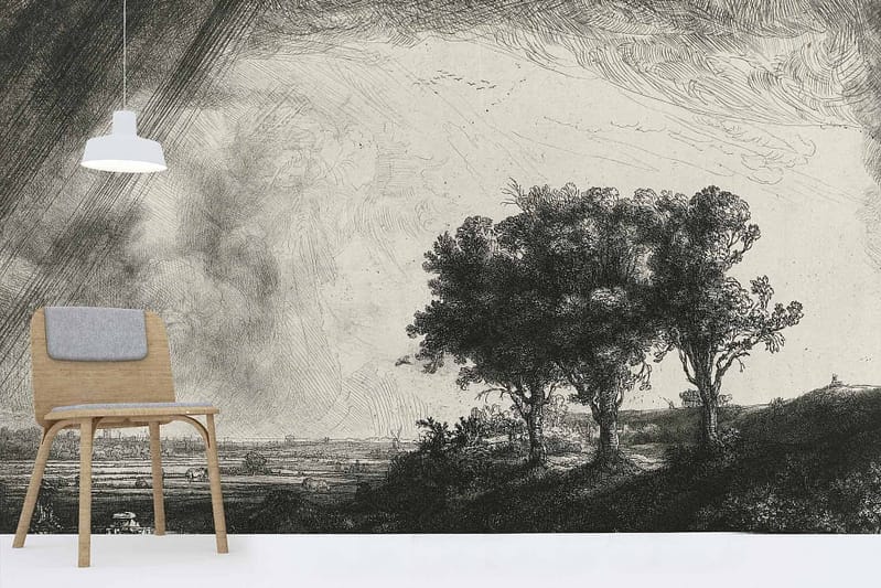 - Intricate black and white sketch
- Depicts a landscape with trees
- Cloudy sky illustration