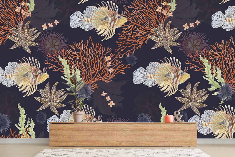 Vibrant underwater-themed wallpaper, lionfish, corals, sea plants, various colors. Reminiscent of Ariel's world.