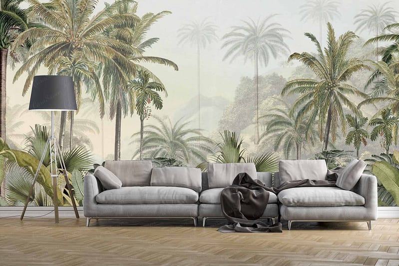 A wall mural features a lush tropical scene with various palm trees set against a soft, misty background. It includes elements like large green palm fronds, tree trunks in varying shades of brown, and subtle hues of blue and gray for the misty atmosphere.