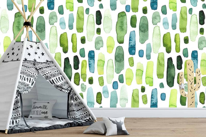 The wallpaper features a colorful watercolor pattern in shades of green and blue, adding an artistic touch.