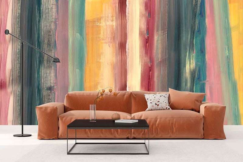 Vibrant multicolored striped wall mural with shades of yellow, pink, blue, and green.