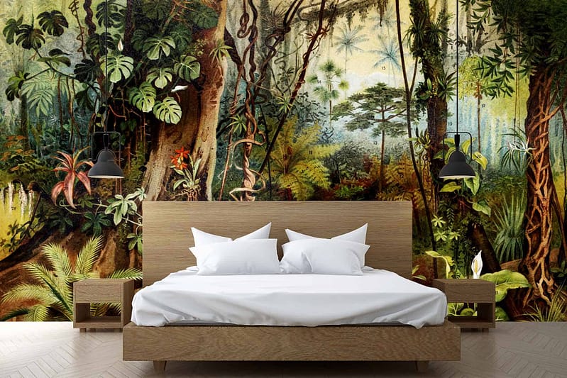 A large mural with a lush, tropical jungle on the wall behind the bed, reminiscent of ancient Babylon. Features greenery, exotic plants, and vibrant shades of green and earthy tones.