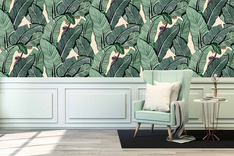Bold banana leaf wallpaper, green and white color scheme, tropical decor vibes.