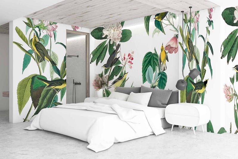 Vibrant tropical-themed wallpaper, large green leaves, colorful flowers, exotic birds, modern bedroom.