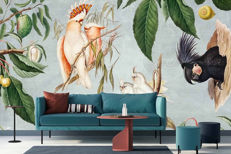 Wallpaper: large mural features exotic birds including cockatoos, branches, green foliage, vibrant fruit. Colors include vibrant greens, various shades of red and yellow for fruit, white and pink for cockatoos.