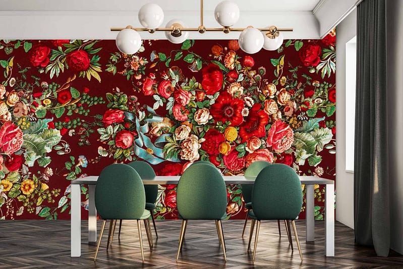 Vibrant floral wallpaper, deep red background, red flowers, pink flowers, yellow flowers, white flowers.