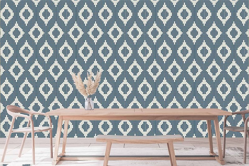 Navy blue and white diamond-patterned mosaic wallpaper with striking geometric designs.