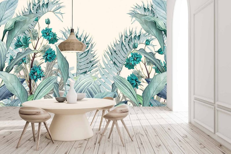 Large botanical wallpaper with blue-green tropical leaves and flowers; vibrant tropic elements; bold foliage patterns in teal, turquoise, and emerald hues.