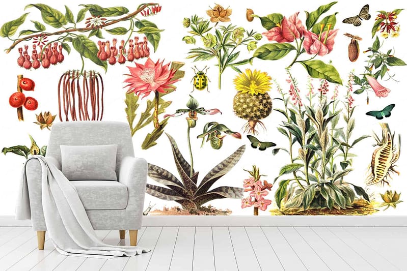 Colorful botanical illustrations wallpaper featuring detailed flowers, leaves, and bugs in vibrant hues including red, yellow, green, blue, and orange.