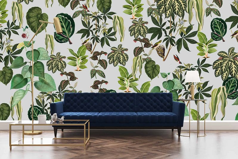 Vibrant botanical wallpaper with lush green leaves, bright blooming flowers in shades of pink, yellow, and red.