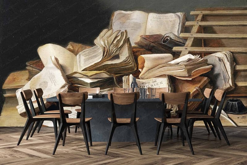 The wallpaper is called "Bound in Time," featuring a large, detailed mural of various old, open books. The design prominently exhibits aged paper tones, brown leather bindings, and vintage ink illustrations. Accents of gold and deep red are visible within the book spines and pages.
