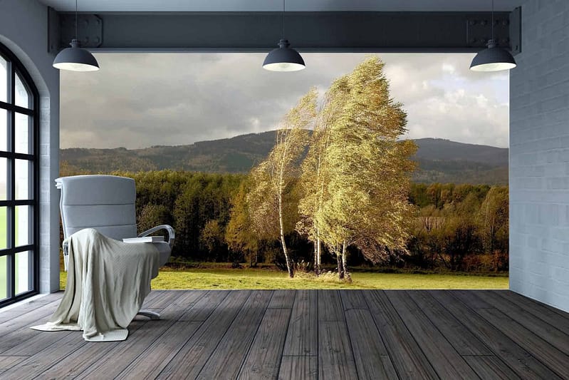 White brick wallpaper with subtle texture, providing a clean, minimalist look. Flecks of light gray add depth.