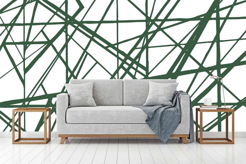 Green abstract linear pattern, white background, shattered glass design.