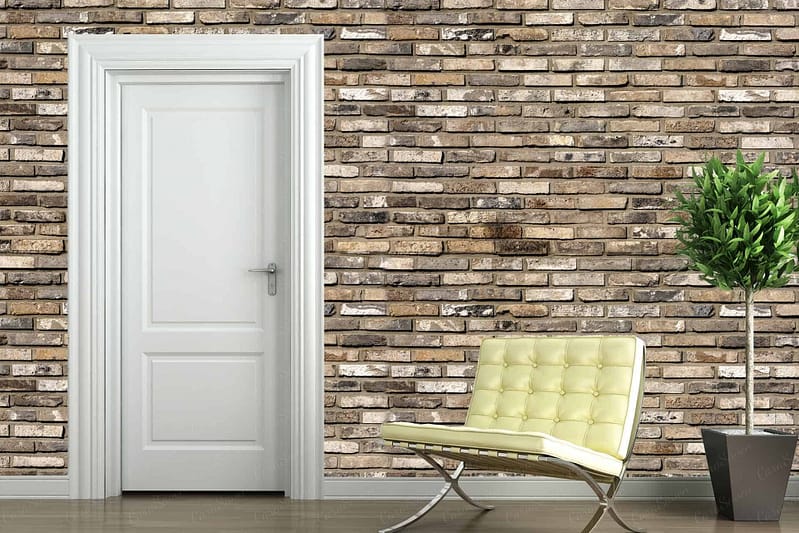 The wallpaper features a brick pattern with shades of red, brown, and grey.