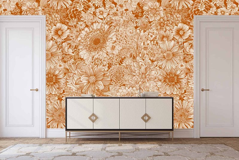 Intricate orange floral wallpaper featuring detailed flower patterns and subtle brown tones.