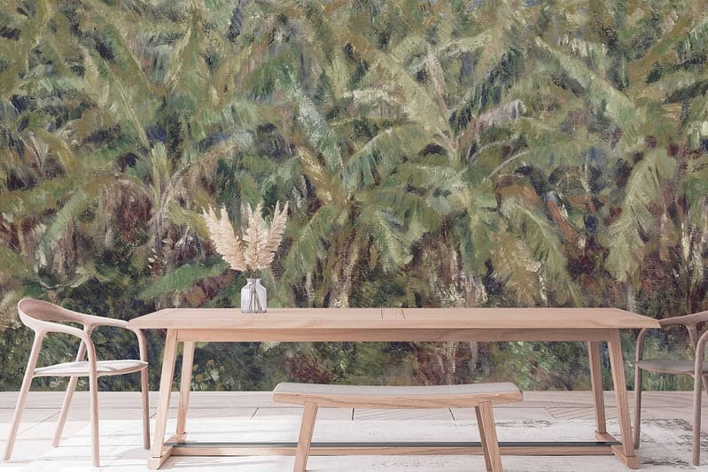 Large, green abstract mural with dense foliage and palms. Various shades of green ranging from deep emerald to light olive. Soft brushstrokes giving a natural and serene effect. Touches of darker hues for shadowing and depth, reminiscent of tropical leaves and lush vegetation.