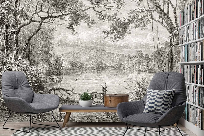 The wallpaper is a detailed black-and-white mural featuring a serene, wooded lakeside landscape with mountains in the background. The elements include trees, a calm lake, and distant mountains, all rendered in shades of black, white, and gray. It evokes feelings of nostalgia for bygone days.