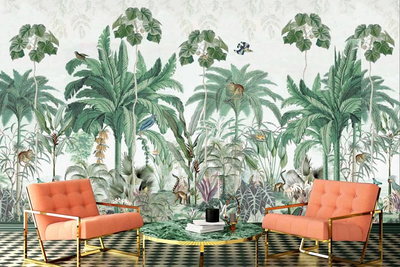 The wallpaper features a lush jungle mural with tall palm trees, birds, and small animals, creating a tropical atmosphere. Primary colors include various shades of green with pops of vibrant colors from the birds and other fauna.