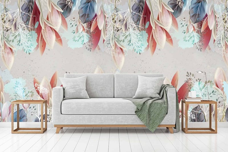 The wallpaper features a colorful, abstract floral design with shades of red, blue, pink, and green.