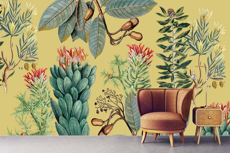 Wallpaper Description: Detailed botanical illustrations, featuring various plants and flowers. Warm yellow background with intricate designs. Key elements include leaves, stems, and blossoms in shades of green, pink, red, and white.