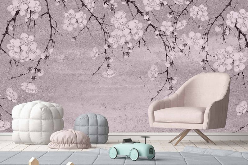 The wallpaper features a large mural of blossoming cherry blossoms with branches, creating a serene scene. Elements include delicate pink flowers and brown branches set against a calming backdrop. Colors are predominantly soft pinks and browns.