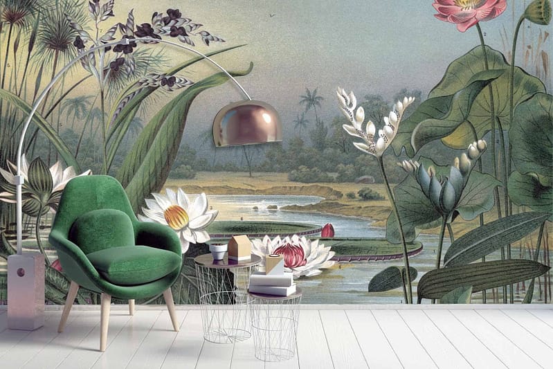 Vibrant mural featuring lush, tropical landscape—pond, large green leaves, white and pink lotus flowers, distant palm trees. Colors: green, pink, white.