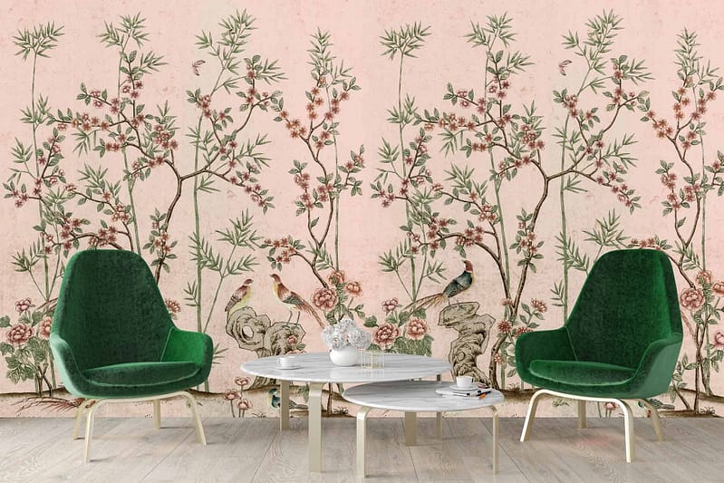 Detailed pink wallpaper showcasing a botanical and bird pattern. Features include intricate flowers, lush greenery, and delicately illustrated birds. Colors: pink background, shades of green for foliage, and various hues for the birds. Elegant and nature-inspired design.