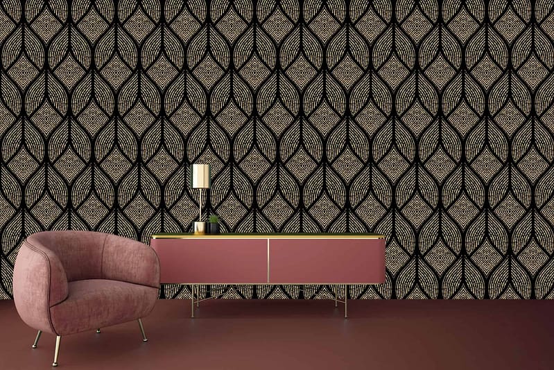 The wallpaper features an intricate pattern of interlocking geometric shapes in black and gold.