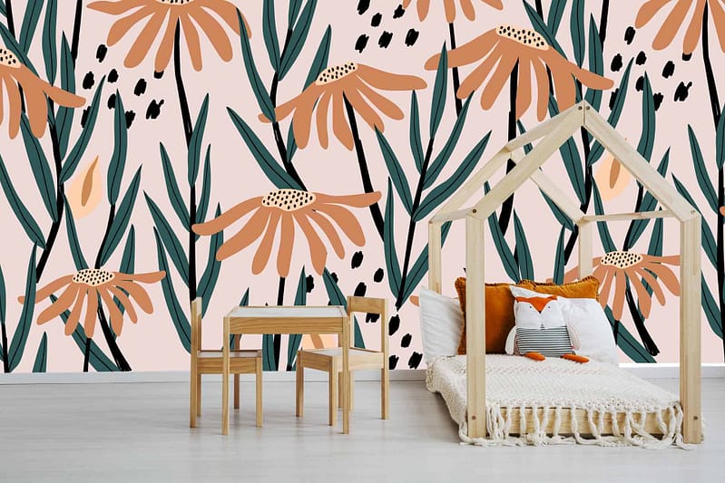 Flower-themed wallpaper with large orange flowers and green leaves.