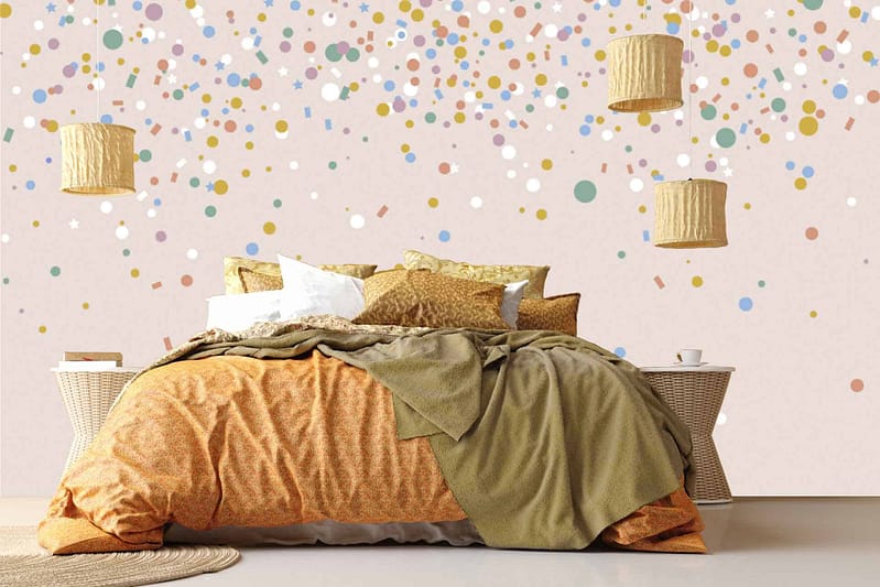 The wallpaper features a playful, colorful confetti pattern with elements resembling festive party supplies and decorative accessories. The colors include vibrant hues like pink, blue, yellow, green, and red.
