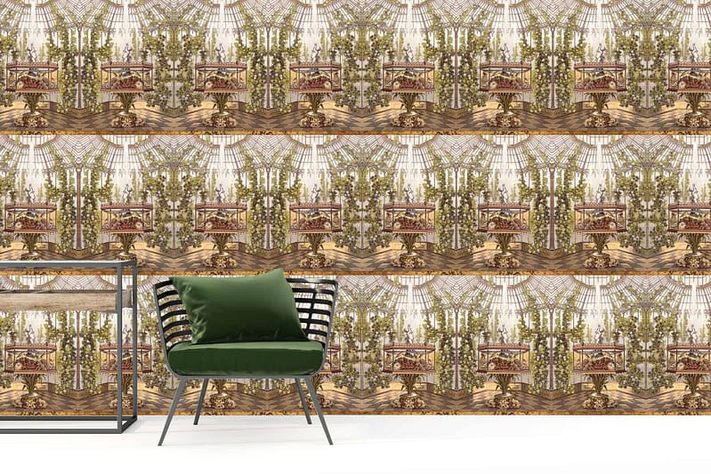 The wallpaper features intricate, ornate patterns of vintage theater scenes alongside lush green botanical elements, combining detailed depictions of grand conservatories with vibrant greenery. Predominantly, it showcases hues of classic theater tones and various shades of green.