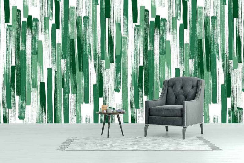 Abstract pattern wallpaper with bold green and white vertical brushstrokes using stylish contact paper.