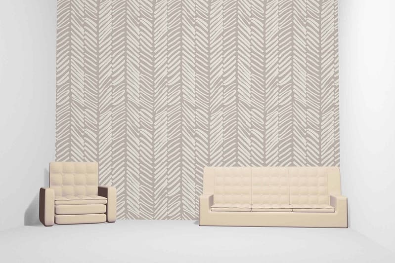 The wallpaper features a light geometric pattern of arrows pointing upward, subtly suggesting the passage of time. The background is a soft off-white while the arrows themselves are in muted shades, harmonizing with beige and subtle earth tones. This creates an inviting yet minimalistic design that aligns perfectly with mid-century modern aesthetics.