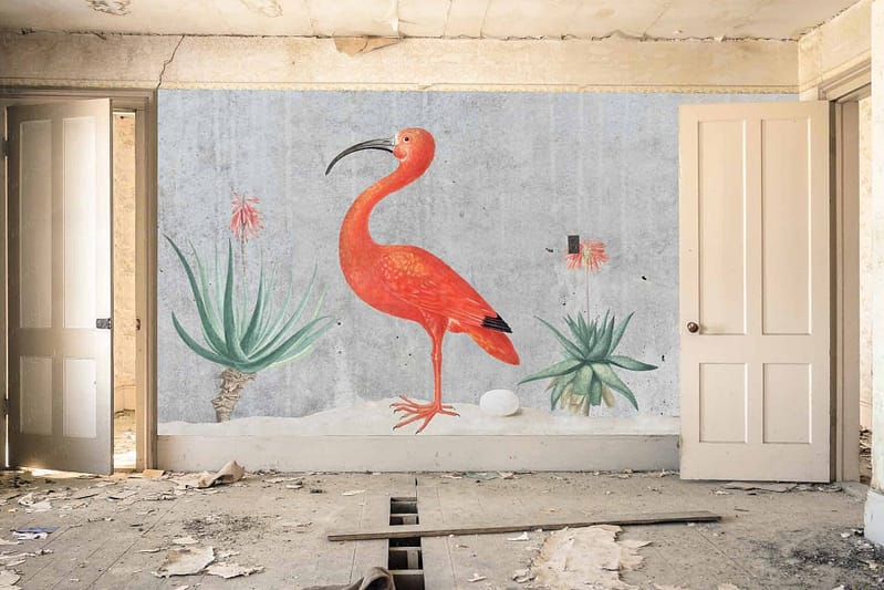 The wallpaper in the abandoned room features a vivid orange flamingo with a curved black beak. The design includes large, green tropical plants and an egg at the flamingo’s feet. The scene is set against a background showing decay and neglect, typical of an abandoned space.