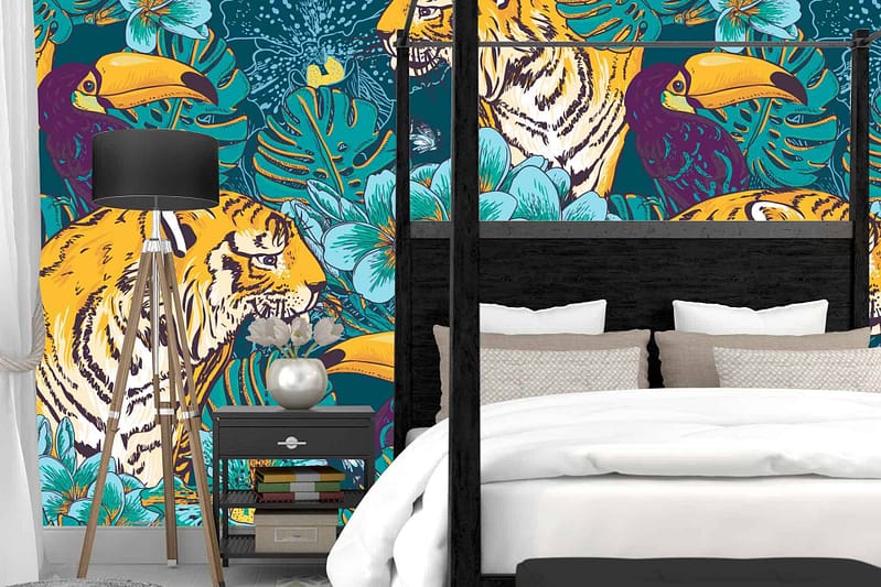 Wallpaper: vivid and colorful, crouching tigers, tropical birds, large floral patterns. Elements include vibrant oranges of the tigers, blues and greens of the tropical birds, and rich reds, pinks, and yellows in the floral designs.