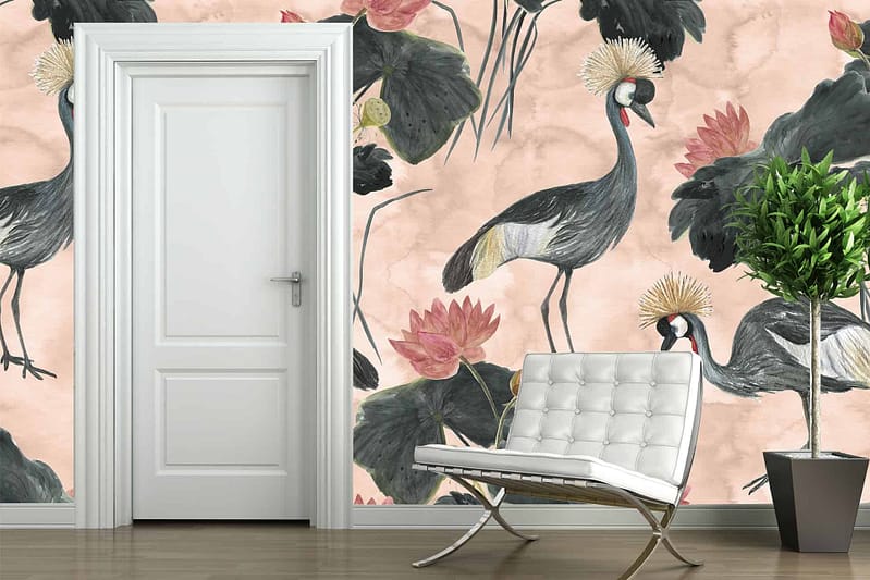 Wallpaper with crowned cranes, lotus flowers, and large leaves. Colors: shades of pink, green, and black.