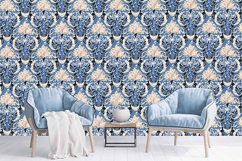 Damasked wallpaper, intricate floral pattern, blue, white, pink.