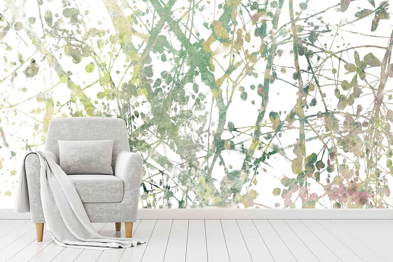 Wallpaper features: green and white abstract pattern, foliage-like design, adds dynamic movement, serene ambiance.