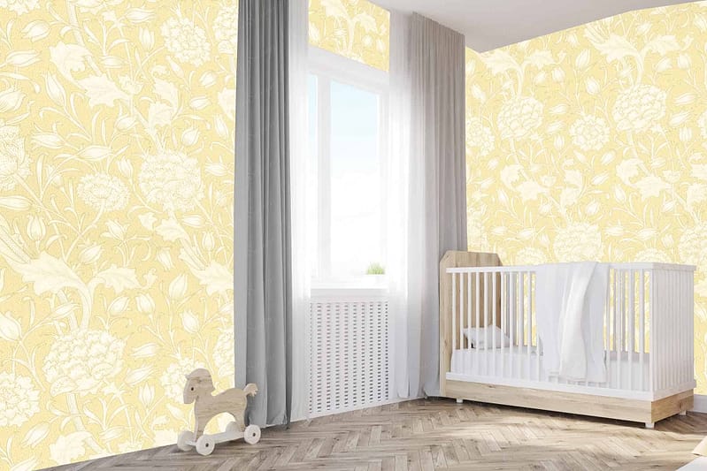 Pale yellow wallpaper with a floral pattern featuring dandelions.