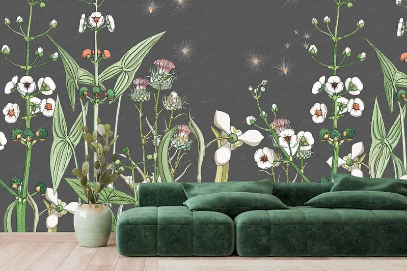 The wallpaper in the modern living room features dark grey tones adorned with various green and white flowers. The botanical design incorporates lush greenery, creating an earthy backdrop that highlights the elegant floral patterns.
