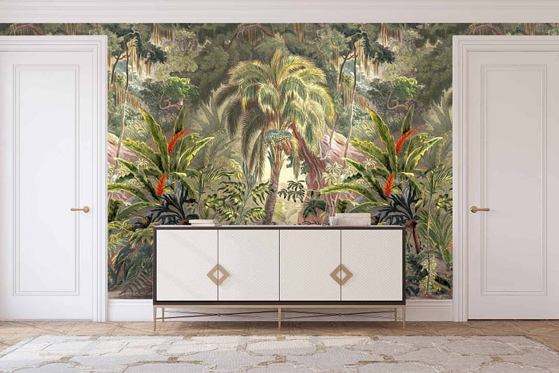 Nature-themed mural, deep tropics, dense jungle foliage, towering palm trees, lush greens, various shades of green, tropical plants.