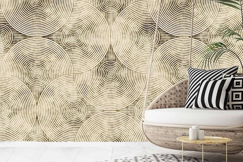 Neutral-toned wallpaper with an intricate circular pattern