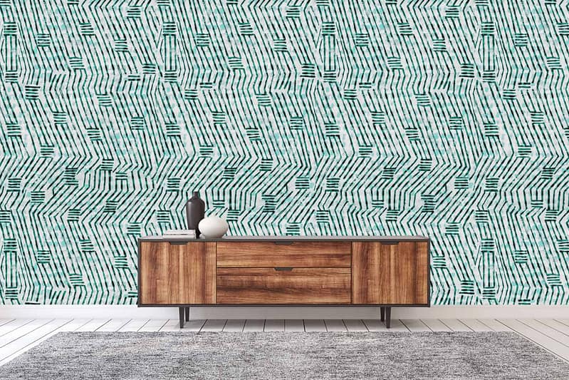 Geometric wallpaper featuring a repeating pattern in teal and white.