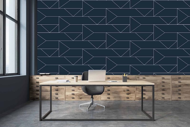 The wallpaper features an eye-catching geometric pattern in dark blue and white.