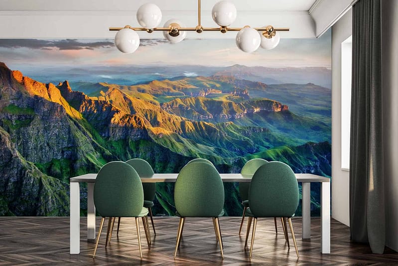 Wallpaper features: vibrant Drakensburg mountain landscape, dramatic lighting, lush green valleys, rich hues of green and blue.