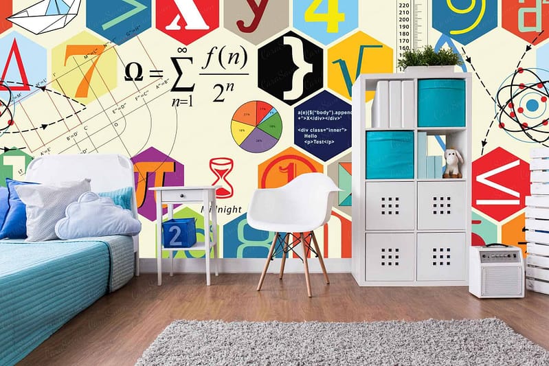 The wallpaper in the room is brightly decorated with a plethora of colorful elements. It features various mathematical symbols, equations, and geometric shapes in vibrant hues. Among these, you can spot elements from Einstein's theory of relativity prominently displayed. The overall palette includes bold reds, blues, greens, and yellows scattered across the wall in an intricate yet playful pattern.
