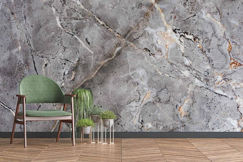 The wallpaper features a gray marbled texture with natural streaks and patterns. Shades of gray are interspersed with whites, creating a realistic marble effect reminiscent of natural stone formations.