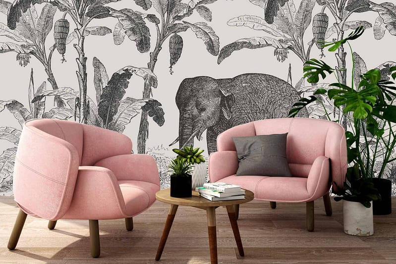 The wallpaper features a black-and-white mural of banana trees and an elephant.