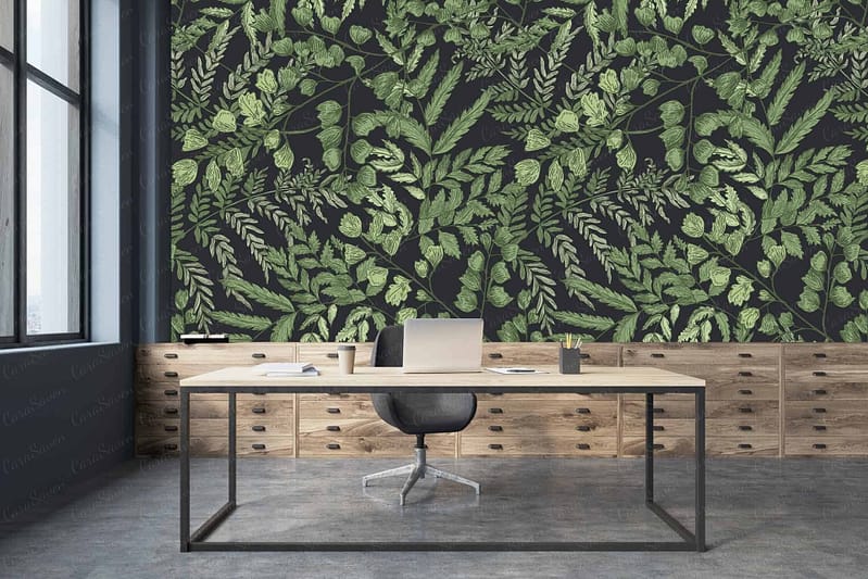Emerald green leafy patterned wallpaper, featuring rich emerald tones with intricate leaf designs.