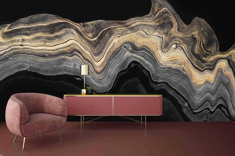 Abstract mural wallpaper: swirling patterns, black, gold, beige. Geological formations. Energy fields.